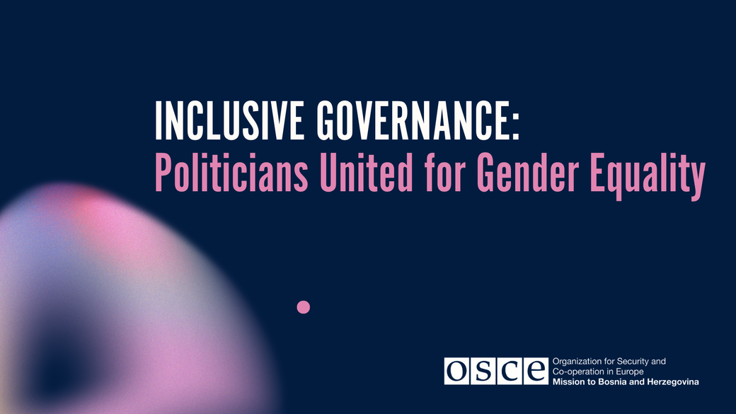 Inclusive governance conference banner with OSCE logo, dark blue background.