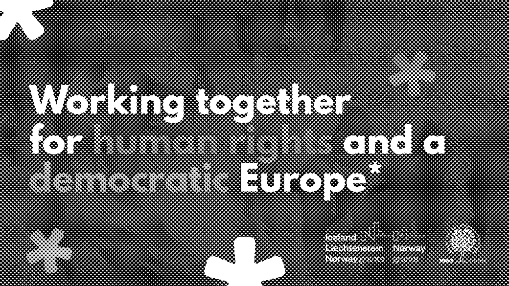 Blue graphic with text: "Working together for human rights and a democratic Europe," adorned with abstract colored shapes.