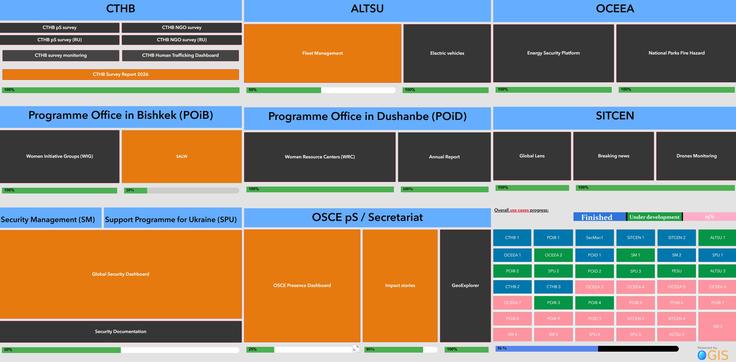 Colorful organizational chart with blue, orange, green, and black sections displaying labeled departments and programs.