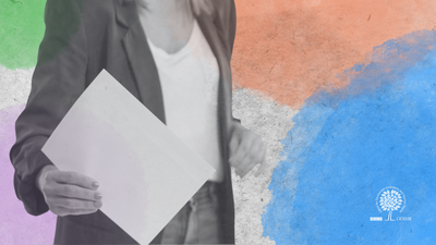 Person holding paper against colorful abstract background.