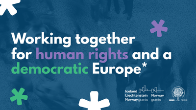 Blue graphic with text: "Working together for human rights and a democratic Europe," adorned with abstract colored shapes.