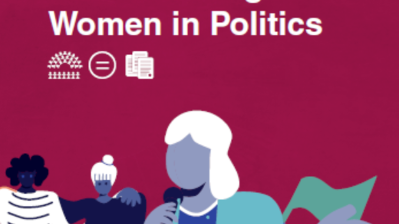 Stylized graphic of women speaking, holding papers and megaphone, against a maroon background with OSCE ODIHR logo.