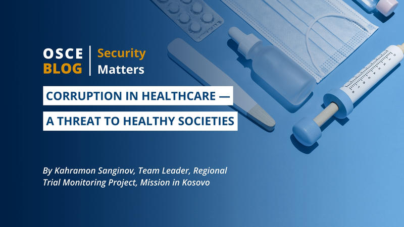 Medical items like syringes and gloves on a blue background, with text about healthcare corruption.