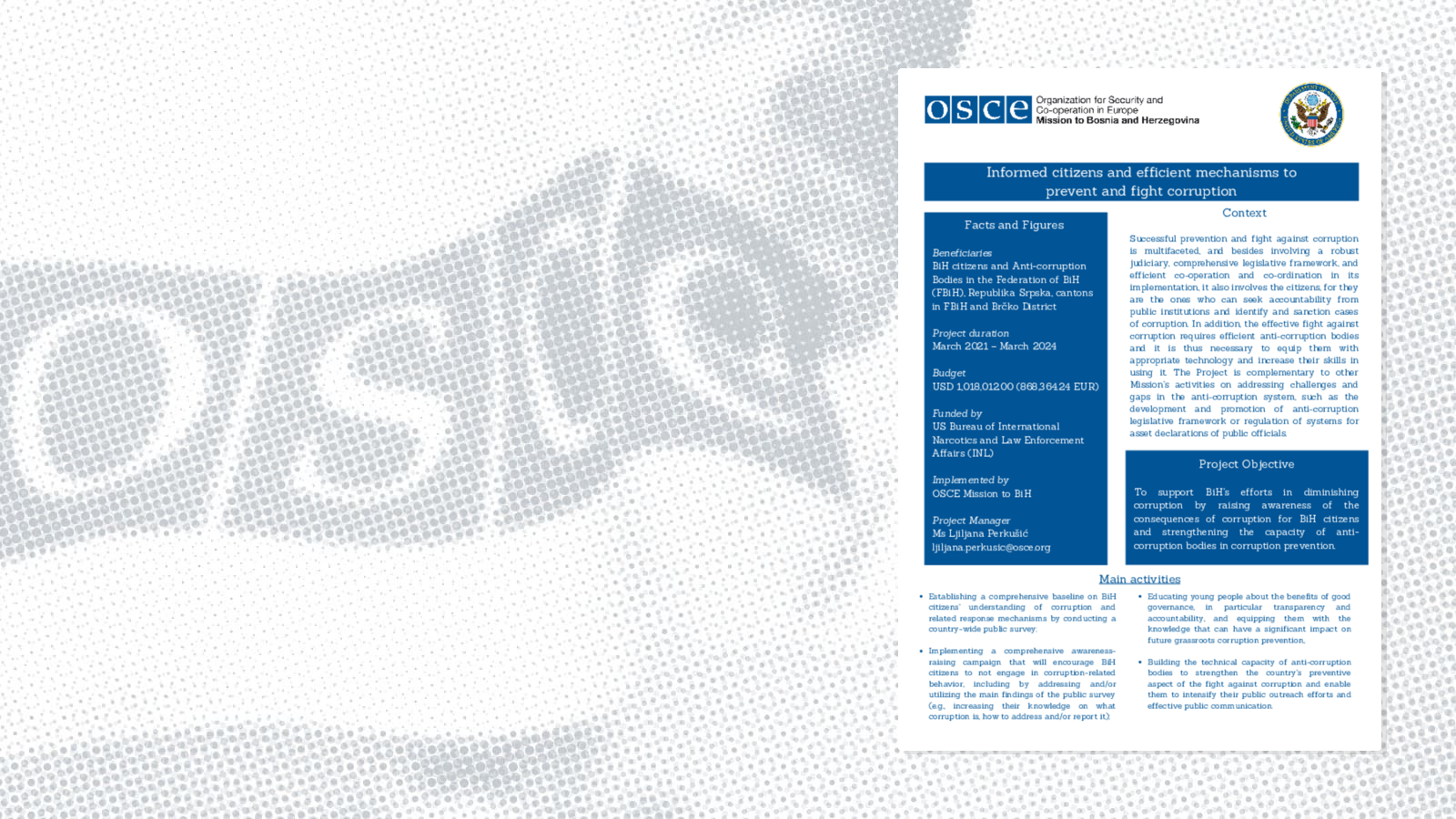 Factsheet on Extra-budgetary project: Informed citizens and efficient mechanisms to prevent and fight corruption