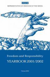 A blue illustration of a hand holding a feather pen emerging from rocks, with text about a media yearbook 2001/2002.