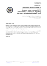 Statement by the Delegation of the United States of America in response to the Austrian OSCE Chairmanship’s Condolences Regarding the Attack in Sutherland Springs, Texas