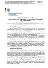 Statement by the Delegation of Ukraine in response to the report by the OSCE Representative on Freedom of the Media, Ms. Teresa Ribeiro