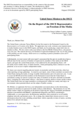 Statement by the Delegation of the United States of America in response to the report by the OSCE Representative on Freedom of the Media, Ms. Teresa Ribeiro