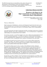 Statement by the Delegation of the United States of America in response to the report by the High Commissioner on National Minorities, Ambassador Kairat Abdrakhmanov