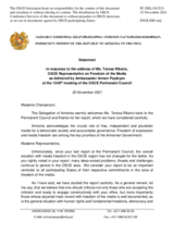 Statement by the Delegation of Armenia in response to the report by the OSCE Representative on Freedom of the Media, Ms. Teresa Ribeiro