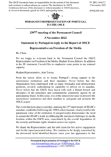 Statement by the Delegation of Portugal in response to the report by the OSCE Representative on Freedom of the Media, Ms. Teresa Ribeiro
