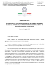 Dichiarazione dell’Italia sul Rapporto della Rappresentante dell’OSCE per la liberta’ dei mezzi di informazione, Teresa Ribeiro