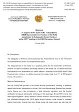 Statement by the Delegation of Armenia in response to the report by the OSCE Representative on Freedom of the Media, Ms. Teresa Ribeiro