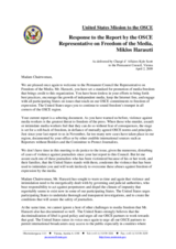 Statement by the Delegation of the United States in response to the report by the Representative for the Freedom of the Media, Miklos Haraszti