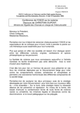 Discours de Christian Dupont, Ministre de l'Egalité des Chances en charge de l'Interculturalité (fr)