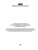 Comments on the Draft Law of the Republic of Armenia on Broadcasting Comments on the Draft Law of the Republic of Armenia on Broadcasting