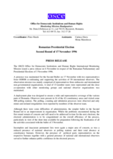 Romania, Parliamentary and Presidential Elections, Second Round, 17 November 1996: Press Release