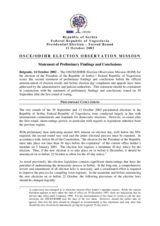 Serbia, Presidential Election, Second Round, 13 October 2002: Preliminary Statement