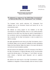 Statement by the Cypriot Presidency of the Council of the EU in response to the report by the OSCE High Commissioner on National Minorities, Ambassador Knut Vollebaek
