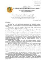 Statement by the Delegation of Kazakhstan in response to the address by the Secretary General of the Organisation of Islamic Cooperation, H.E. Ekmeleddin İhsanoğlu