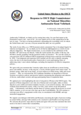 Statement by the Delegation of the United States in response to the report by the OSCE High Commissioner on National Minorities, Ambassador Knut Vollebaek