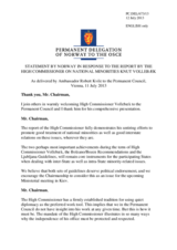 Statement by the Delegation of Norway in response to the report by the OSCE High Commissioner on National Minorities, Ambassador Knut Vollebaek