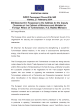 Statement by the Greek Presidency of the Council of the EU in response to the address by the Deputy Chairman of the Cabinet of Ministers and Minister for Foreign Affairs of Turkmenistan, H.E. Rashid Meredov