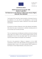 Statement by the Italian EU Presidency on the release of human rights defender Mr. A. Bialiatski in Belarus