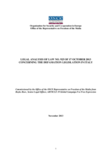 Legal Analysis of Law no. 925 of 17 October 2013 Concerning the Defamation Legislation in Italy Legal Analysis of Law no. 925 of 17 October 2013 Concerning the Defamation Legislation in Italy