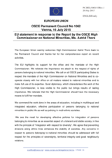 Statement by the Luxembourgian EU Presidency in response to the report by the High Commissioner on National Minorities, Ms. Astrid Thors