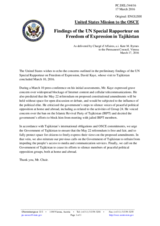 Statement by the Delegation of the United States of America on the findings of the UN Special Rapporteur on the promotion and protection of the right to freedom of opinion and expression in Tajikistan