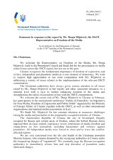 Statement by the Delegation of Ukraine in response to the report by the OSCE Representative on Freedom of the Media, Ms. Dunja Mijatović, and to the presentations by Ms. Hanna Herbst, Vice Austria, and Ms. Teresa Havlicek, Wienerin.at